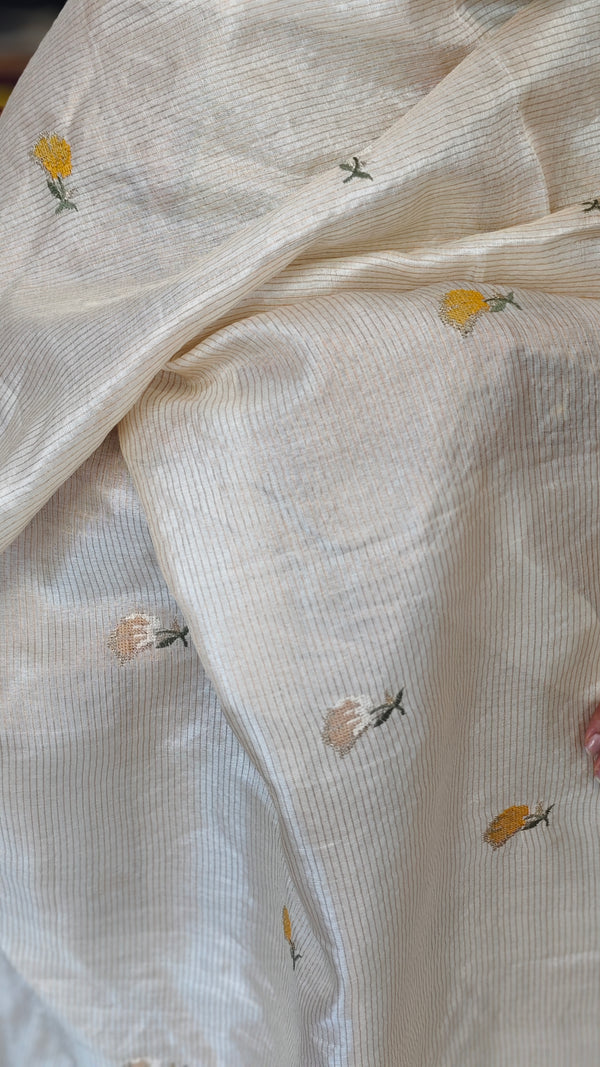 Cream Zari Checked Tussar Silk Suit with Cross Stitch embroidery - 81NZ