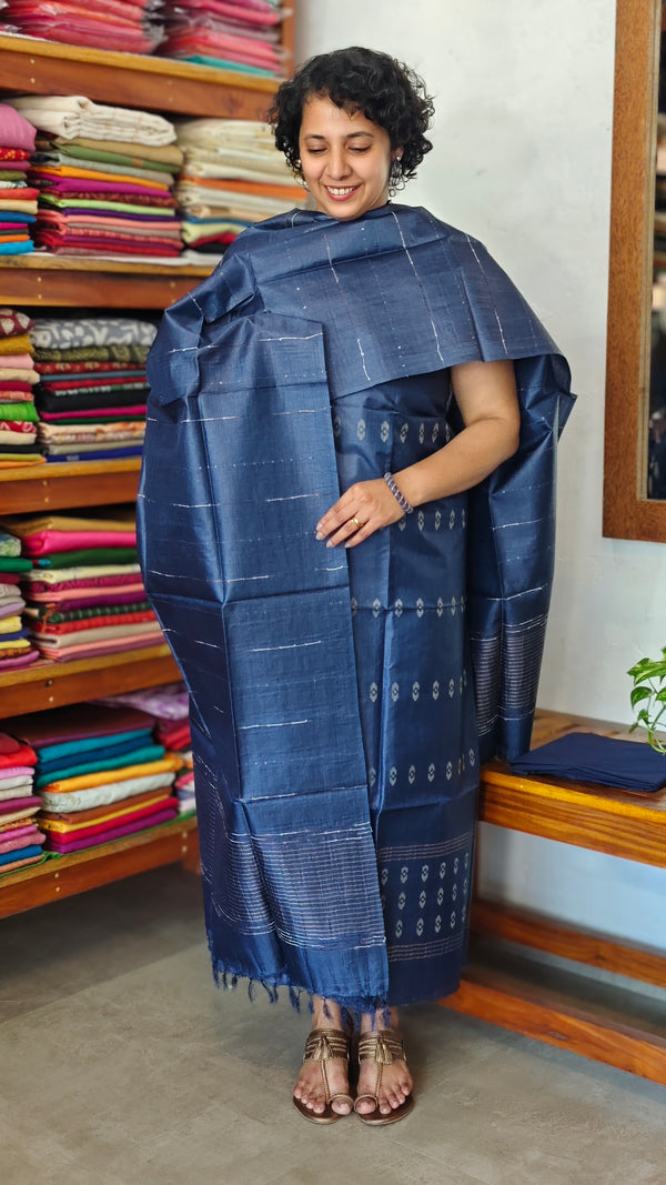 Classic Blue Tussar Silk Suit with Zari Weaving - PT18A