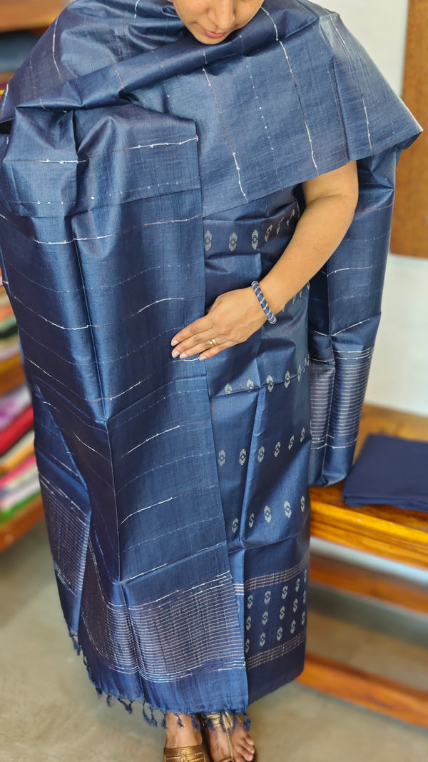 Classic Blue Tussar Silk Suit with Zari Weaving - PT18A