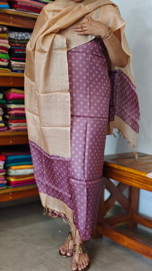 Mauve and Beige Printed Tussar Silk Suit - SH93