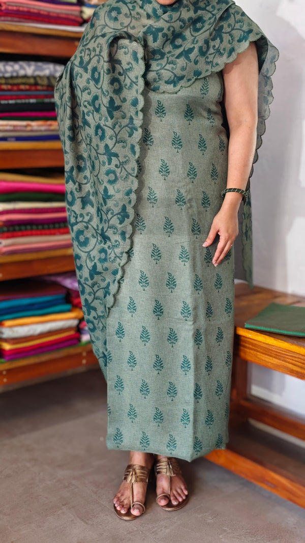 Forest Green Printed Jute Net Suit - DE312