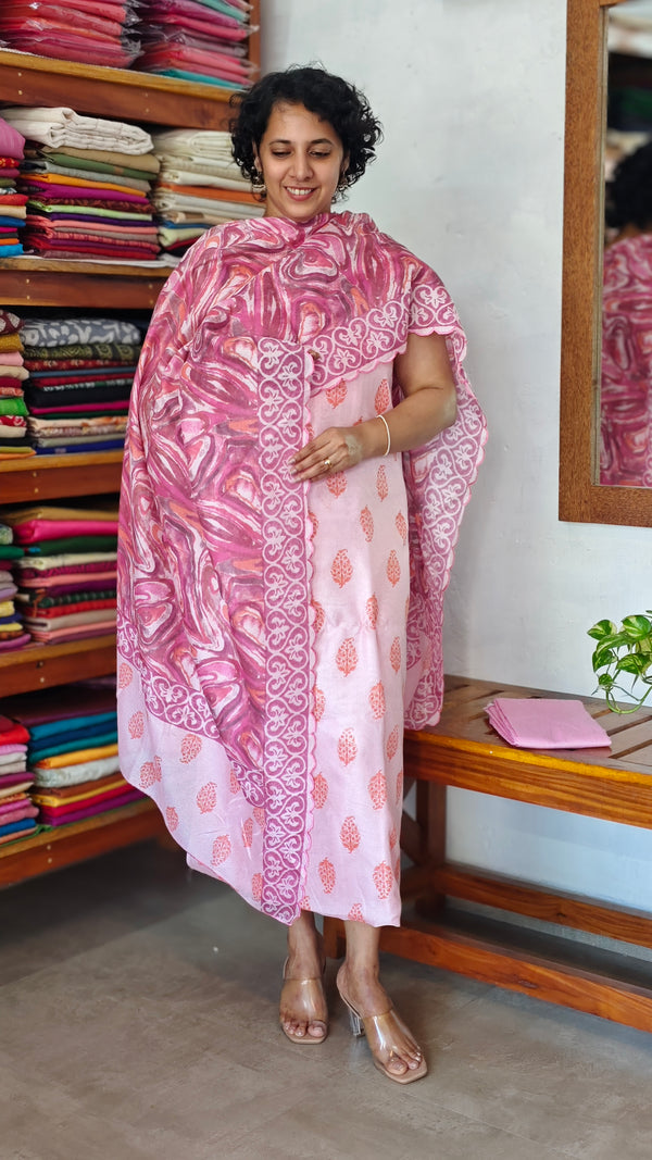 Baby Pink Printed Jute Net Suit - DE312