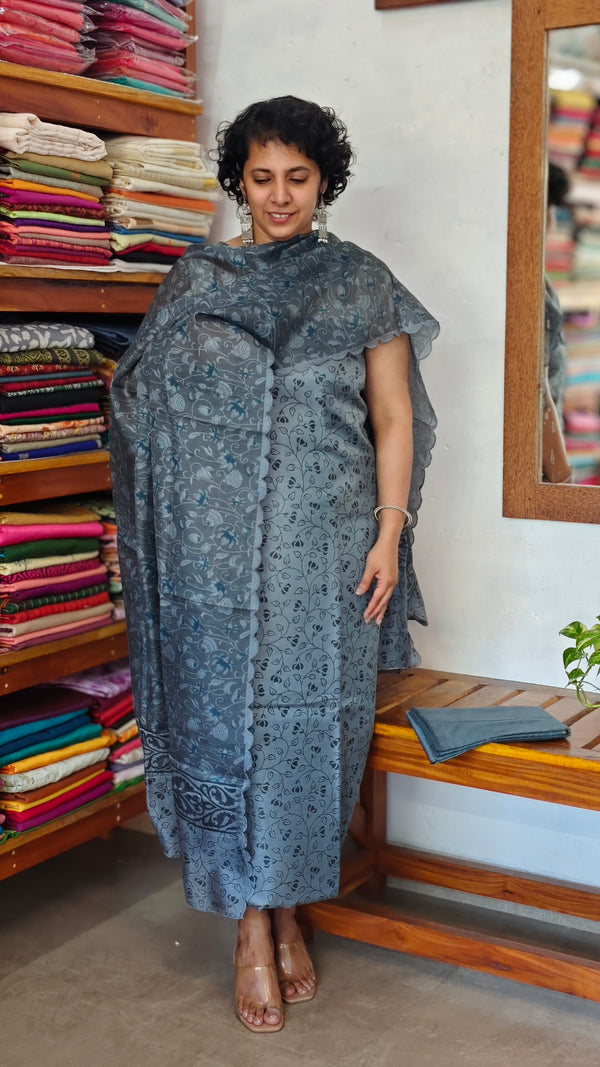 Bluish Grey Printed Jute Net Suit - DE312