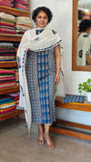Indigo and White Block Printed Cotton Suit with Applique Dupatta