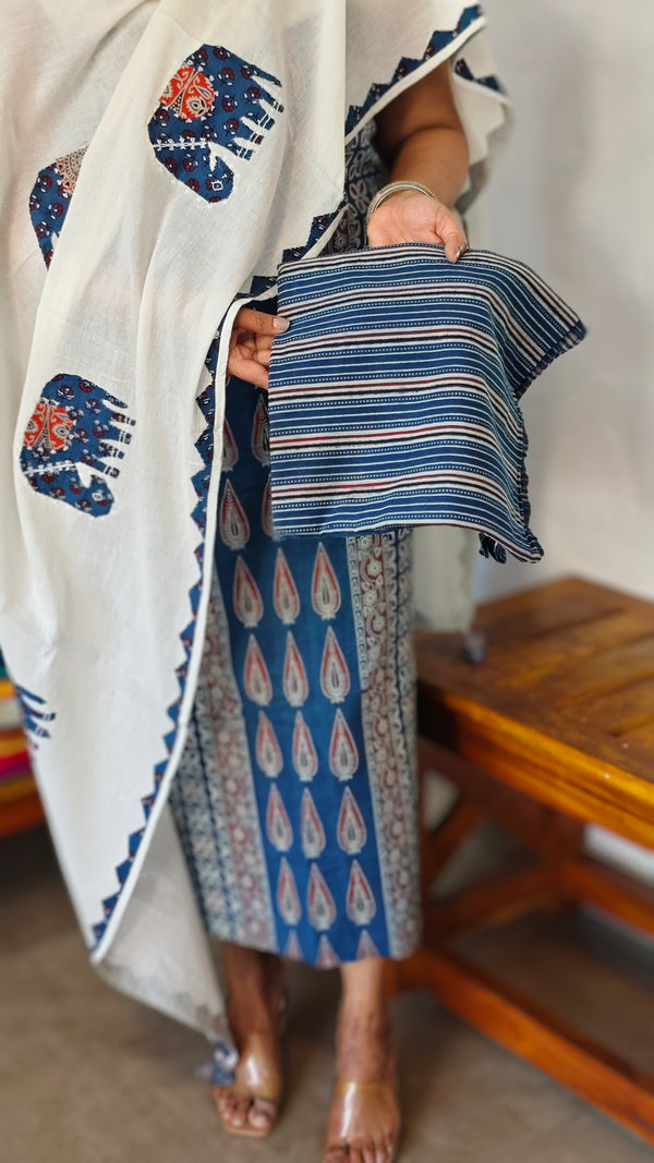 Indigo and White Block Printed Cotton Suit with Applique Dupatta