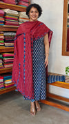 Indigo and Red Block printed Cotton Suit with Applique Dupatta
