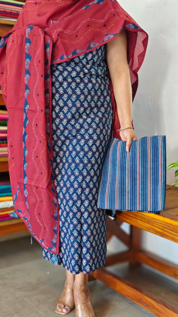 Indigo and Red Block printed Cotton Suit with Applique Dupatta