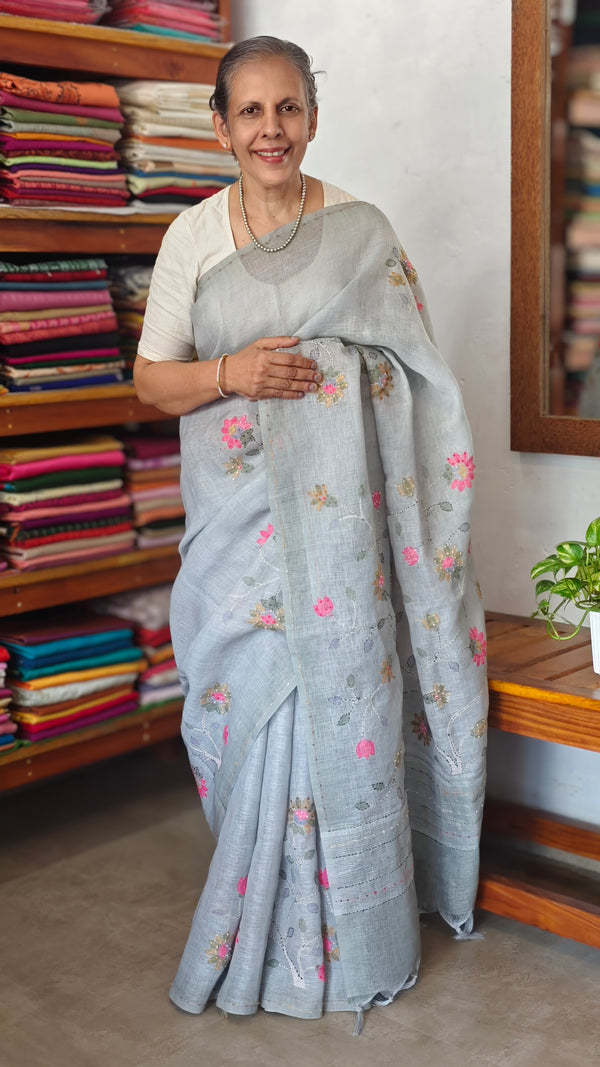 Light Teal Linen Saree with Hand Embroidery - 5N3D