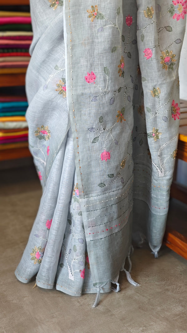 Light Teal Linen Saree with Hand Embroidery - 5N3D