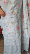 Light Teal Linen Saree with Hand Embroidery - 5N3D