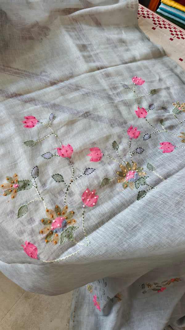 Light Teal Linen Saree with Hand Embroidery - 5N3D