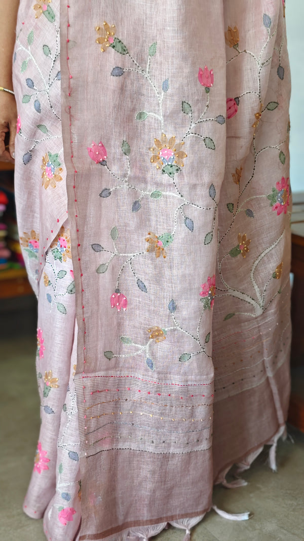 Dusty Mauve Linen Saree with Hand Embroidery - 5N3D