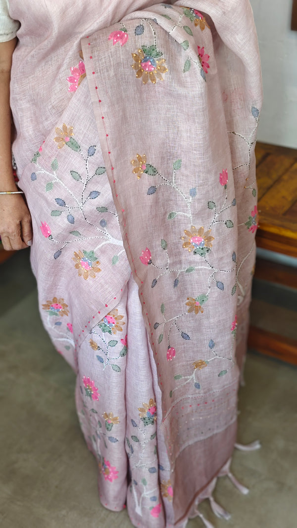 Dusty Mauve Linen Saree with Hand Embroidery - 5N3D