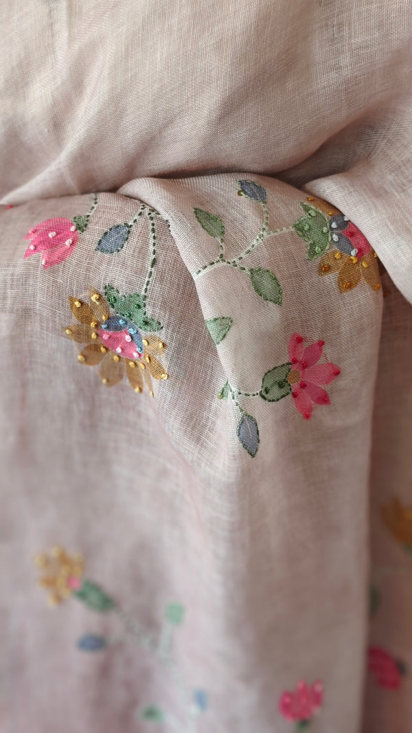 Dusty Mauve Linen Saree with Hand Embroidery - 5N3D