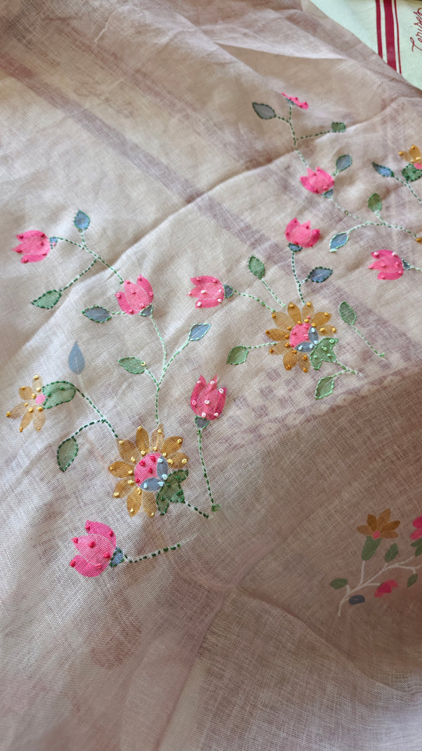Dusty Mauve Linen Saree with Hand Embroidery - 5N3D