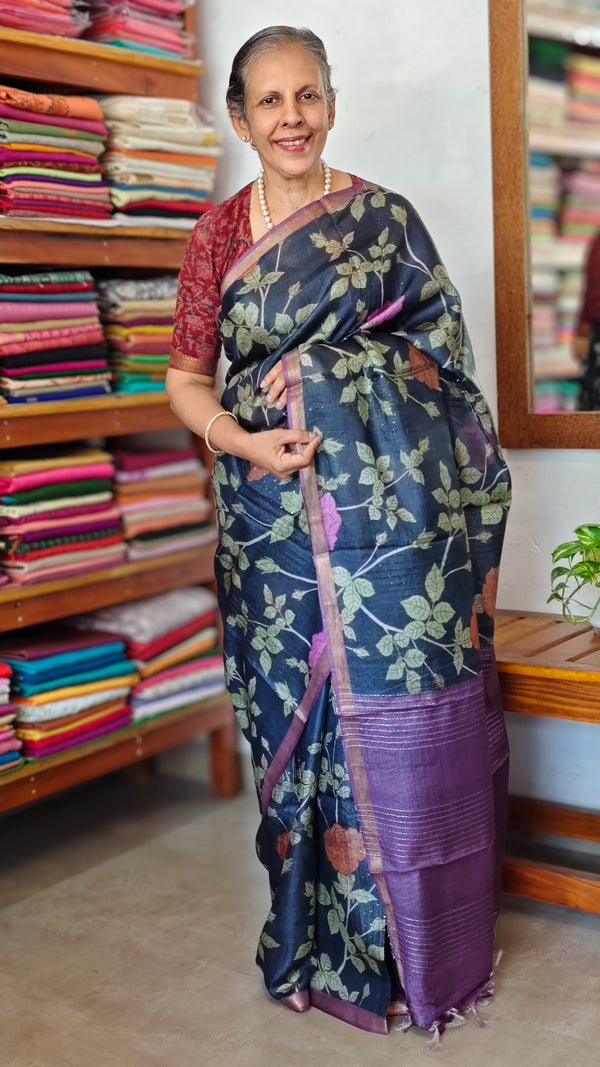 Black Floral Printed Tussar Silk Saree with Purple Borders - LS11 - A