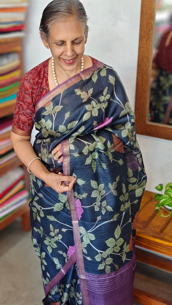 Black Floral Printed Tussar Silk Saree with Purple Borders - LS11 - A