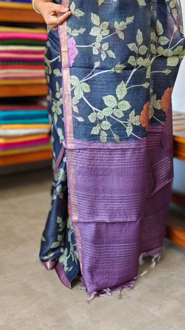 Black Floral Printed Tussar Silk Saree with Purple Borders - LS11 - A