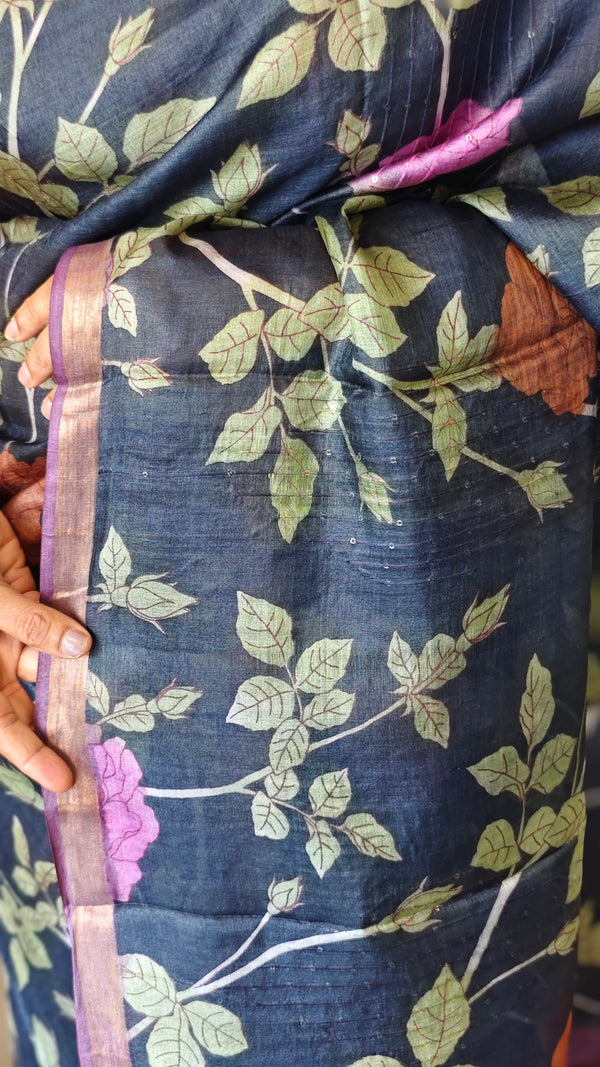 Black Floral Printed Tussar Silk Saree with Purple Borders - LS11 - A