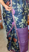 Black Floral Printed Tussar Silk Saree with Purple Borders - LS11 - A