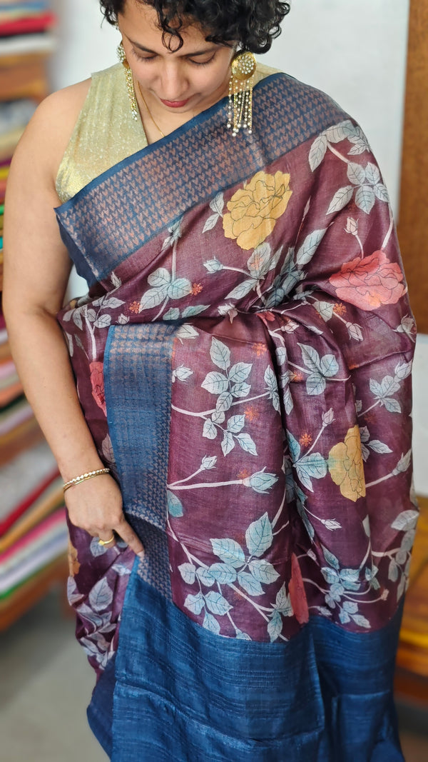 Wine Maroon Floral Printed Tussar Silk Saree with Copper Zari Borders - LS11