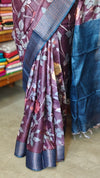 Wine Maroon Floral Printed Tussar Silk Saree with Copper Zari Borders - LS11