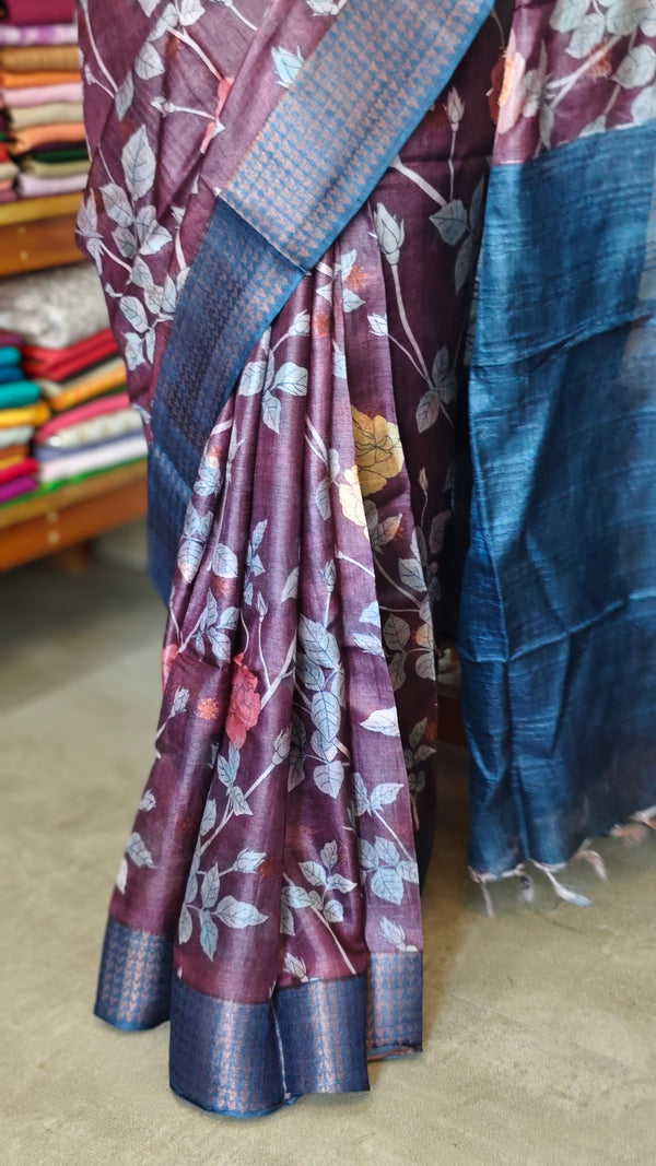 Wine Maroon Floral Printed Tussar Silk Saree with Copper Zari Borders - LS11