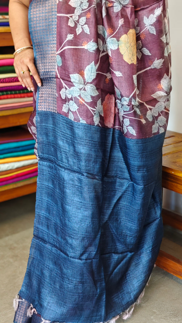 Wine Maroon Floral Printed Tussar Silk Saree with Copper Zari Borders - LS11