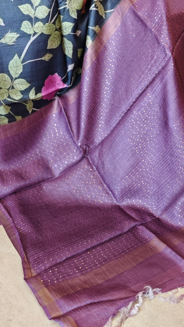 Blue Floral Printed Tussar Silk Saree with Purple Zari Borders - LS11 - B