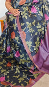 Blue Floral Printed Tussar Silk Saree with Purple Zari Borders - LS11 - B