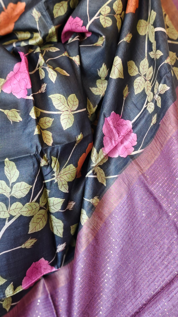 Blue Floral Printed Tussar Silk Saree with Purple Zari Borders - LS11 - B