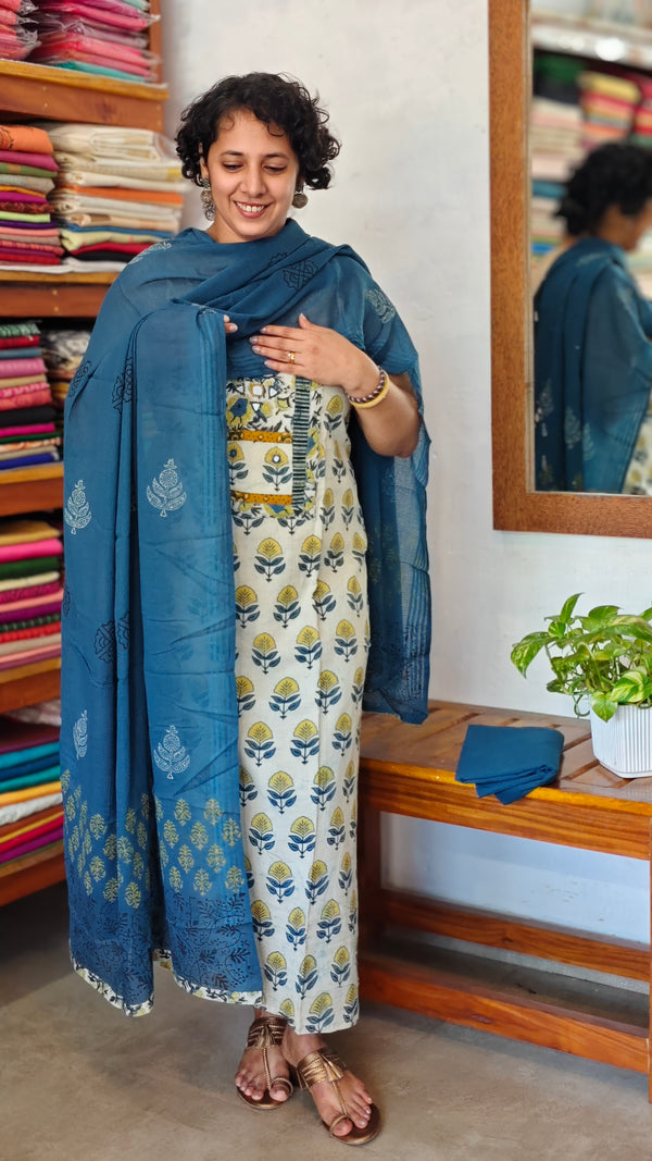 Light Cream and Blue Cotton Block Printed Suit - A