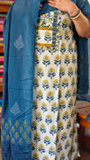 Light Cream and Blue Cotton Block Printed Suit - A