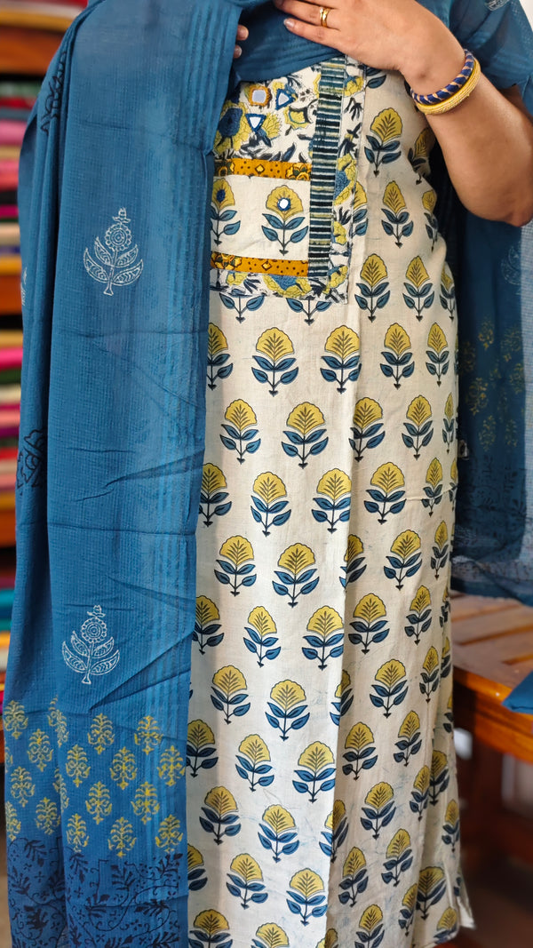 Light Cream and Blue Cotton Block Printed Suit - A