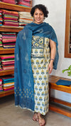 Light Cream and Blue Block Printed Cotton Suit - B