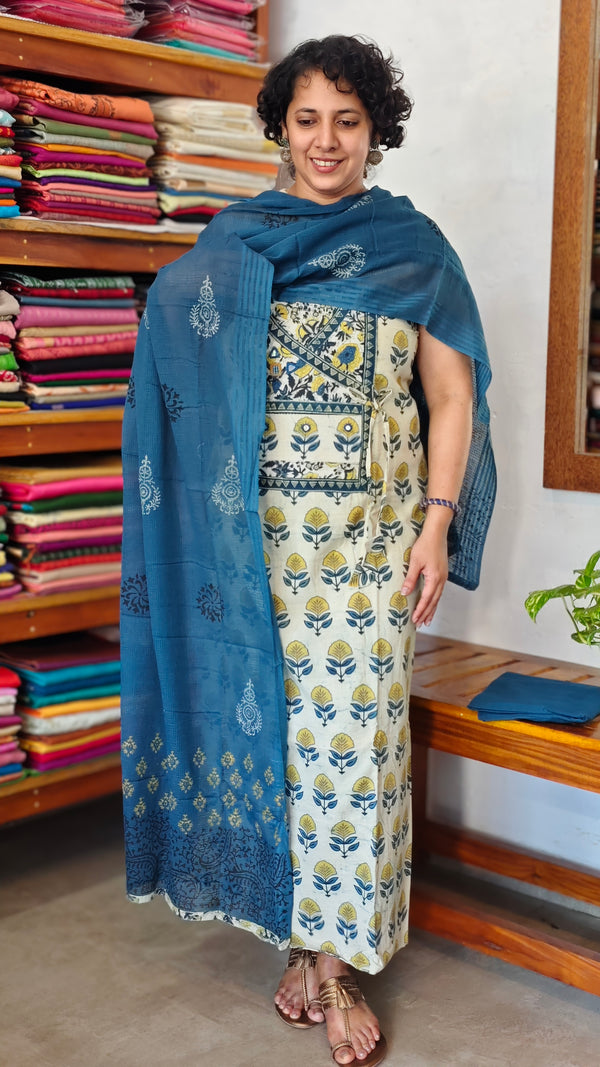 Light Cream and Blue Block Printed Cotton Suit - B