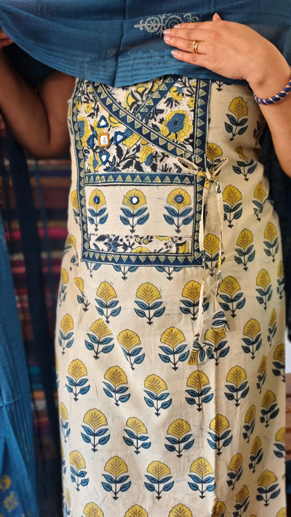 Light Cream and Blue Block Printed Cotton Suit - B