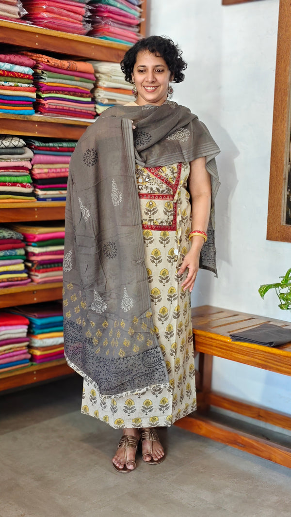 Light Cream and Grey Block Printed Cotton Suit