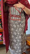 Grey and Maroon Block printed Cotton Suit