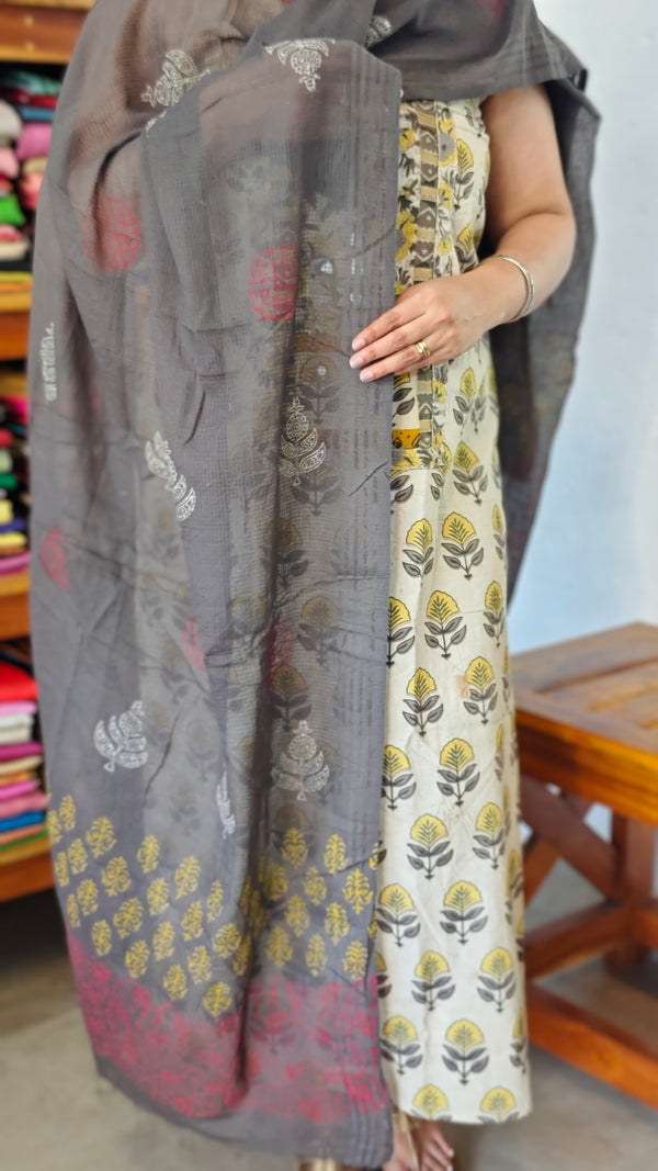 Light Cream and Dark Grey Block Printed Cotton Suit