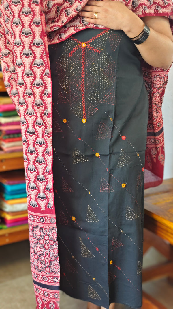 Black and Red Cotton Suit with Ajrakh Dupatta