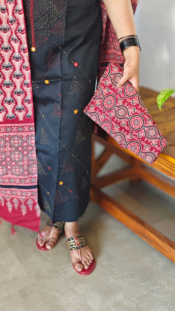 Black and Red Cotton Suit with Ajrakh Dupatta