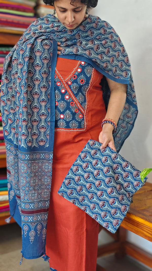 Rust Orange Suit with Ajrakh Dupatta