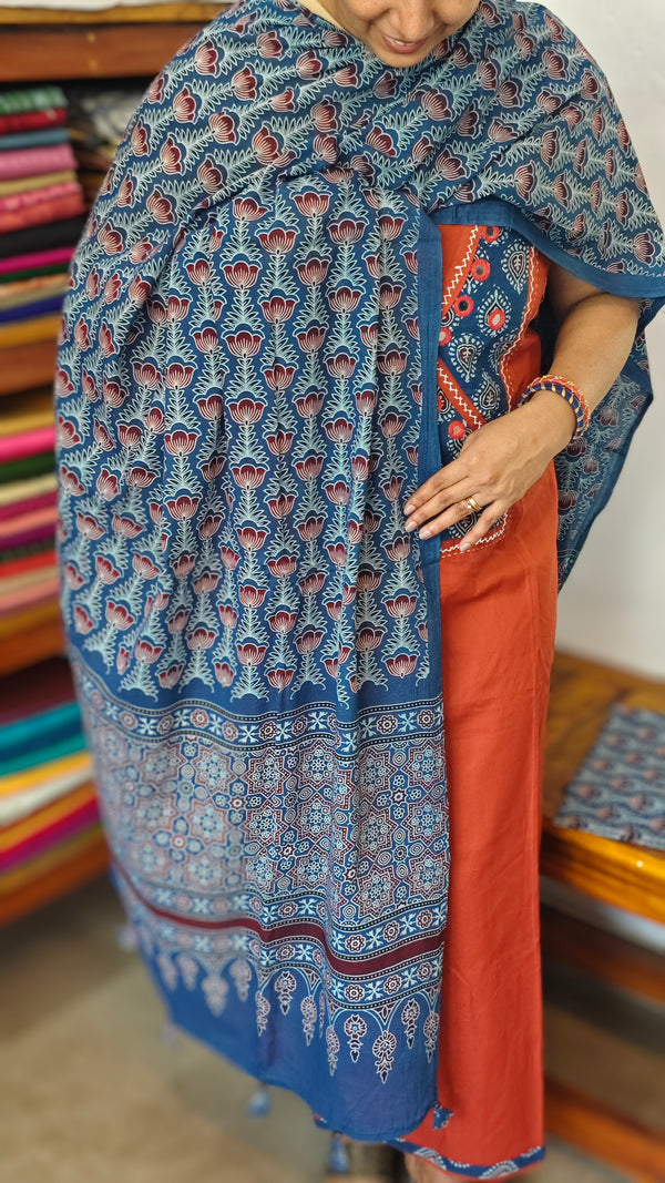 Rust Orange Suit with Ajrakh Dupatta