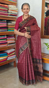 Maroon Block Printed Noel Tussar Silk Saree - TQN2