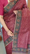 Maroon Block Printed Noel Tussar Silk Saree - TQN2