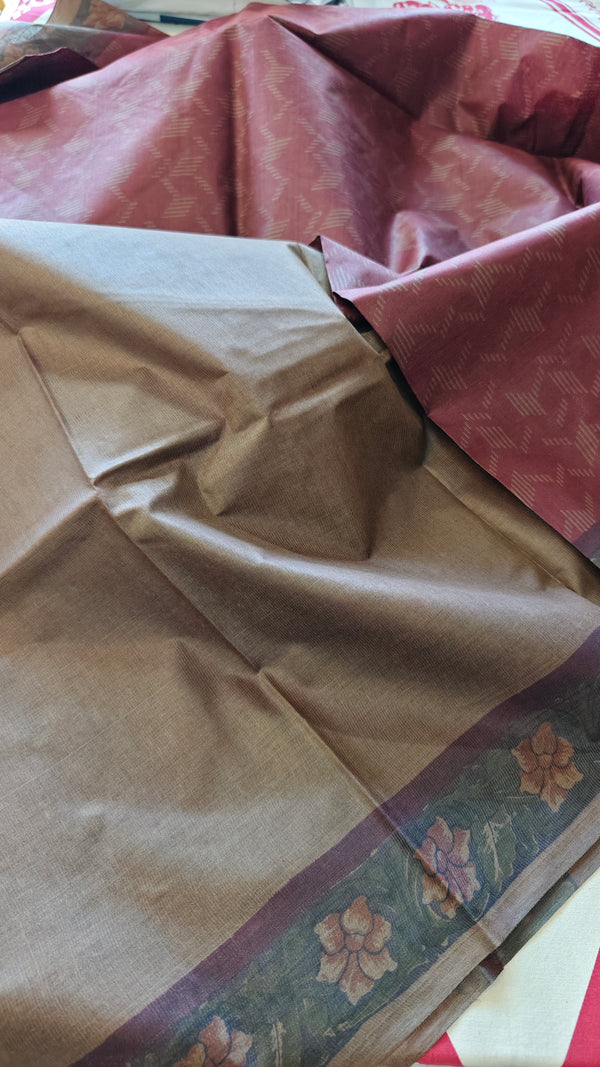 Maroon Block Printed Noel Tussar Silk Saree - TQN2