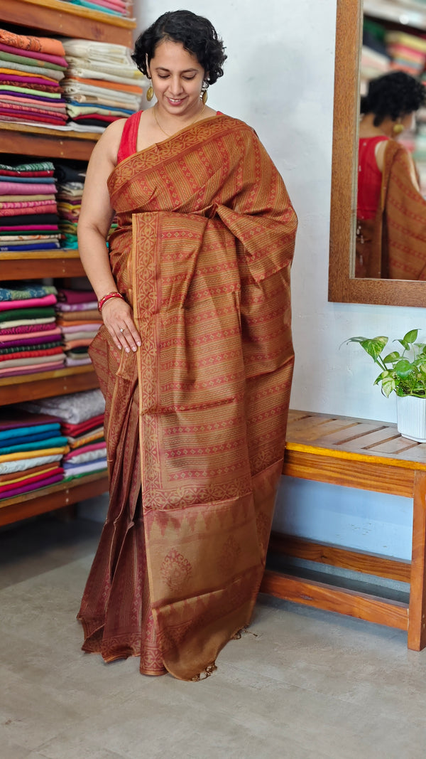 Mustard and Rust Printed Noel Tussar Silk Saree