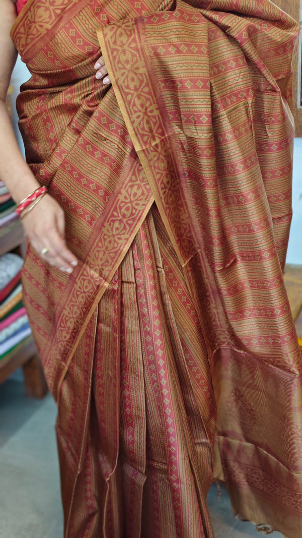 Mustard and Rust Printed Noel Tussar Silk Saree