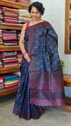 Navy Blue and Mauve Block Printed Noel Tussar Silk Saree - TQN2